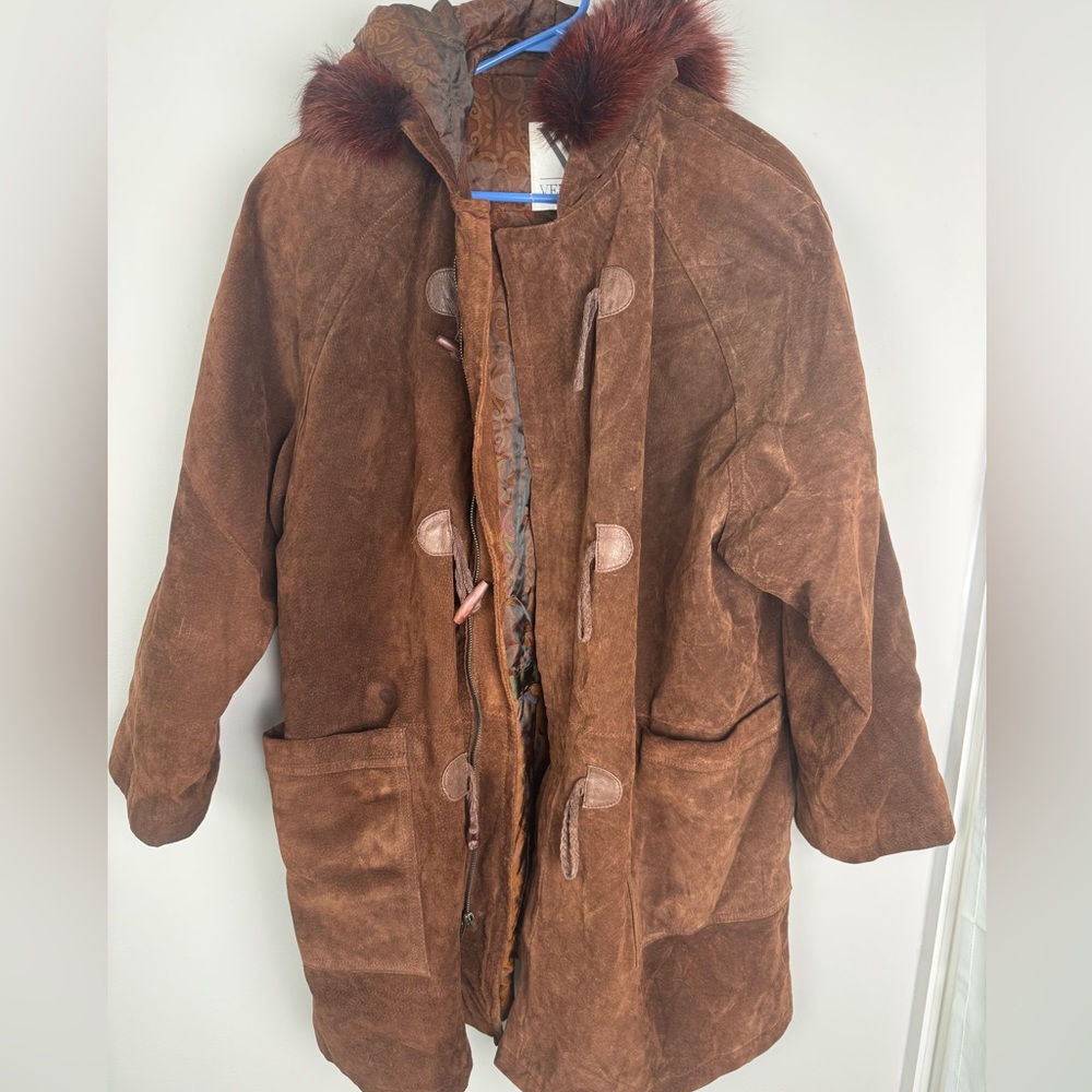 Vintage Venezia Vitale Brown Suede Duffle Coat Real Fox Fur Hood 14/16